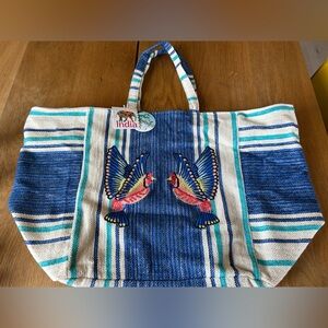 Aphorism Blue & Cream Striped Embroidered Bird Tote Bag 100 percent cotton. NWT